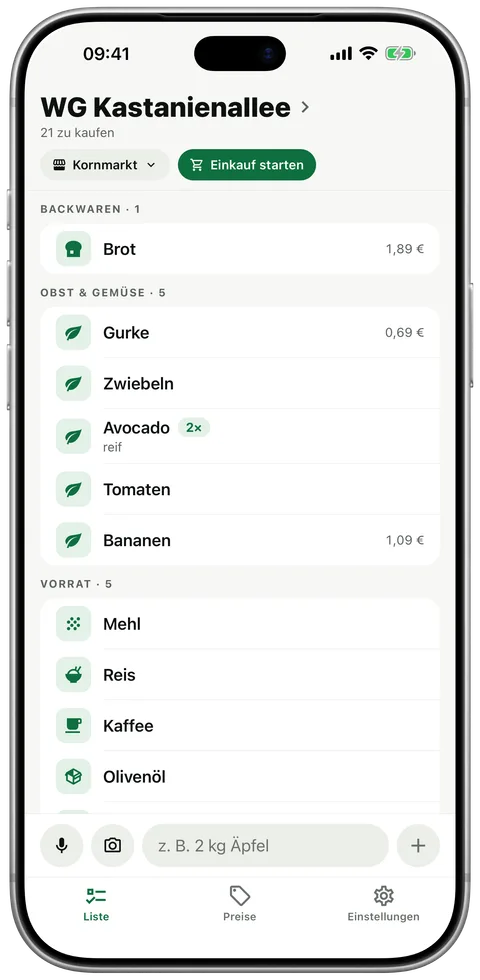Tomli-Liste bei Kornmarkt, nach Gängen sortiert: Backwaren, Obst & Gemüse, Vorrat.