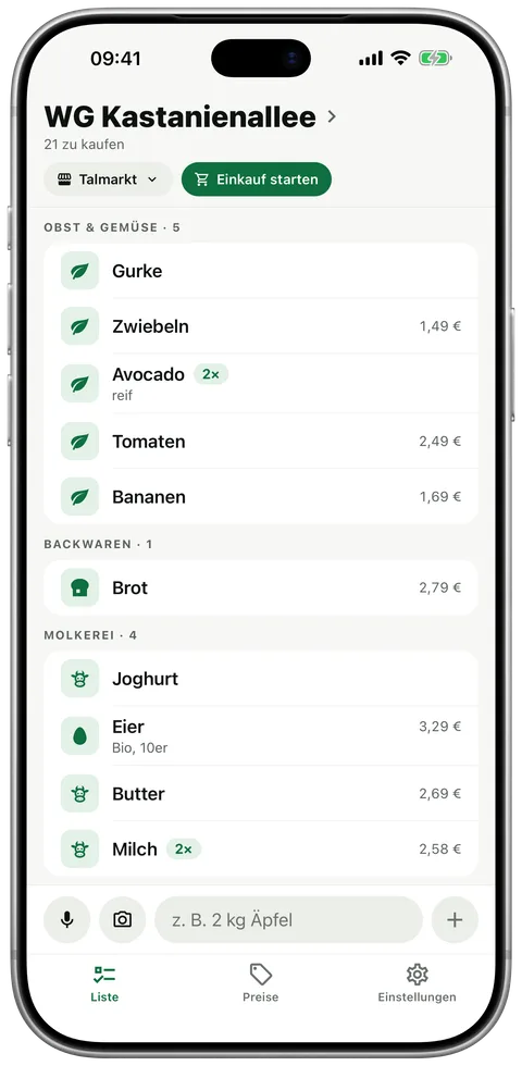 Dieselbe Liste bei Talmarkt: andere Gangfolge, Obst & Gemüse zuerst, dann Backwaren, Fleisch und Molkerei.