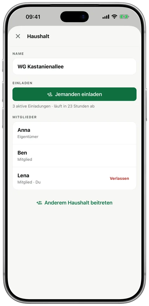 Haushalt „WG Kastanienallee“ mit drei Mitgliedern und der Schaltfläche „Jemanden einladen“.