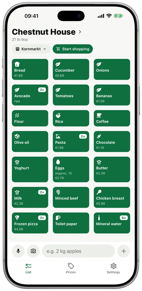 The same list as tiles: one green tile per item with quantity and price.