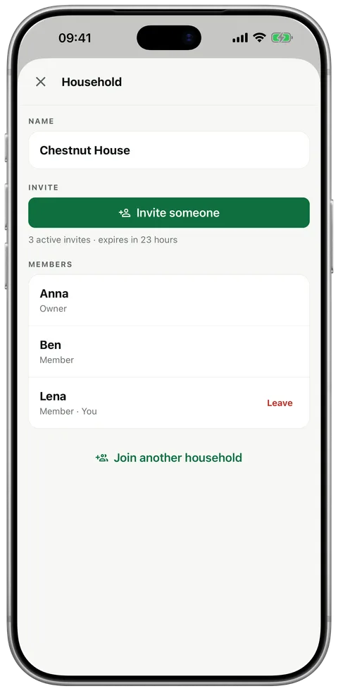 Household “Chestnut House” with three members and an “Invite someone” button.